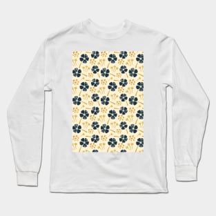 Abstract Floral Pattern in Navy Blue, Mustard Yellow and Cream Long Sleeve T-Shirt